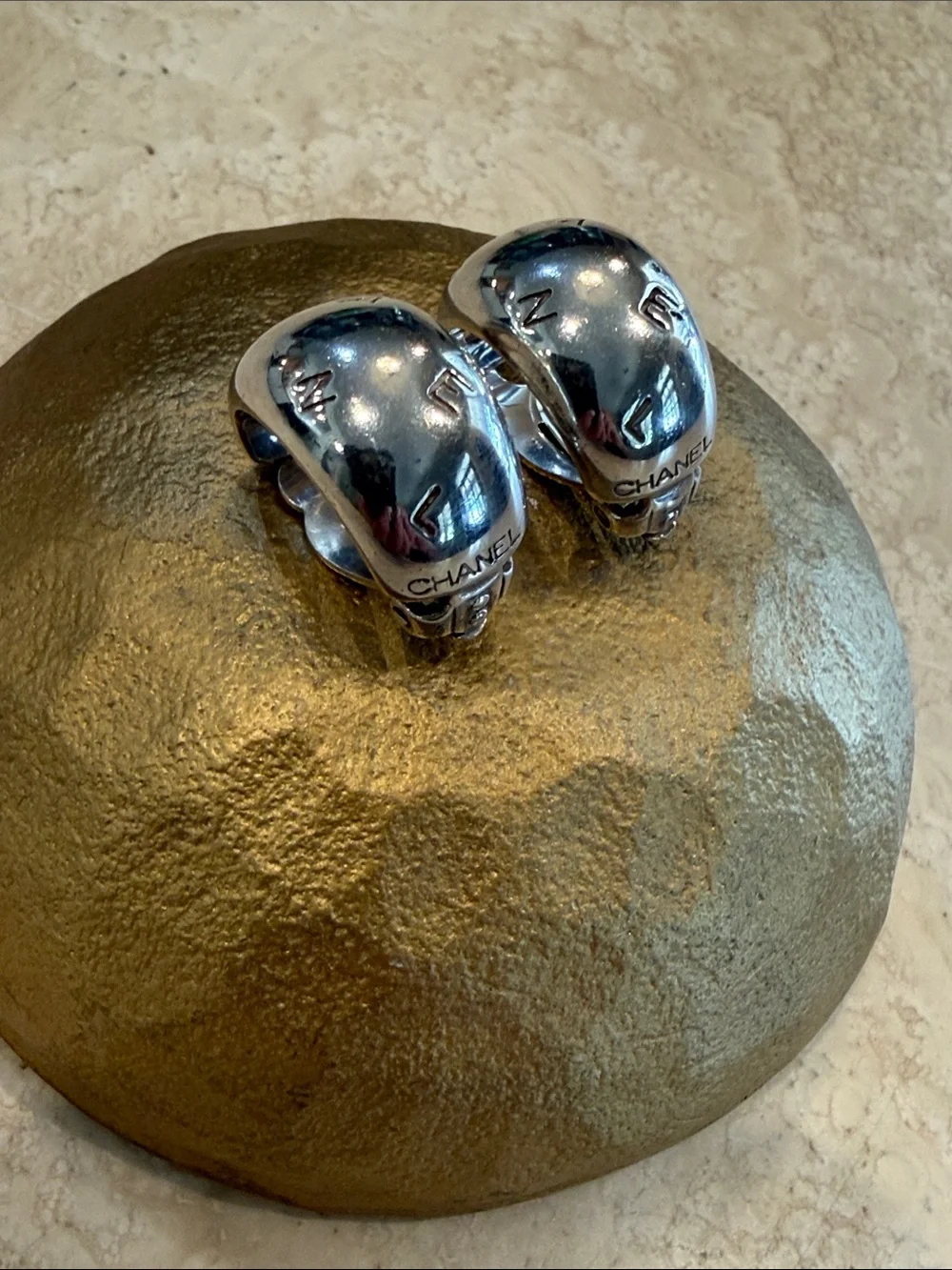 CHANEL Sterling Silver Logo Clip Hoop Earrings